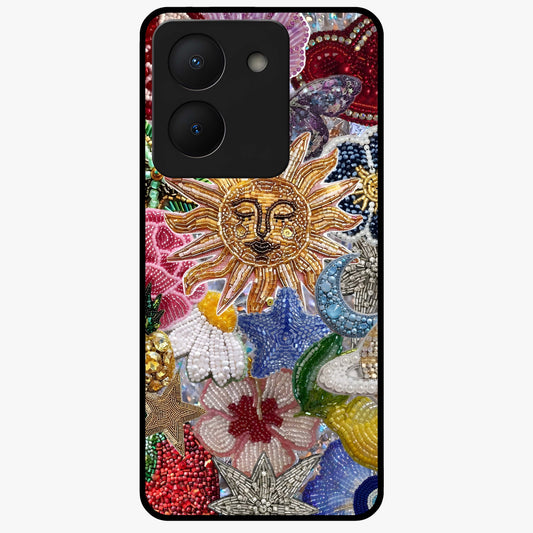 Celestial Floral and Playful Glass Case showing flat back view with floral and celestial themed artwork and glossy glass finish.