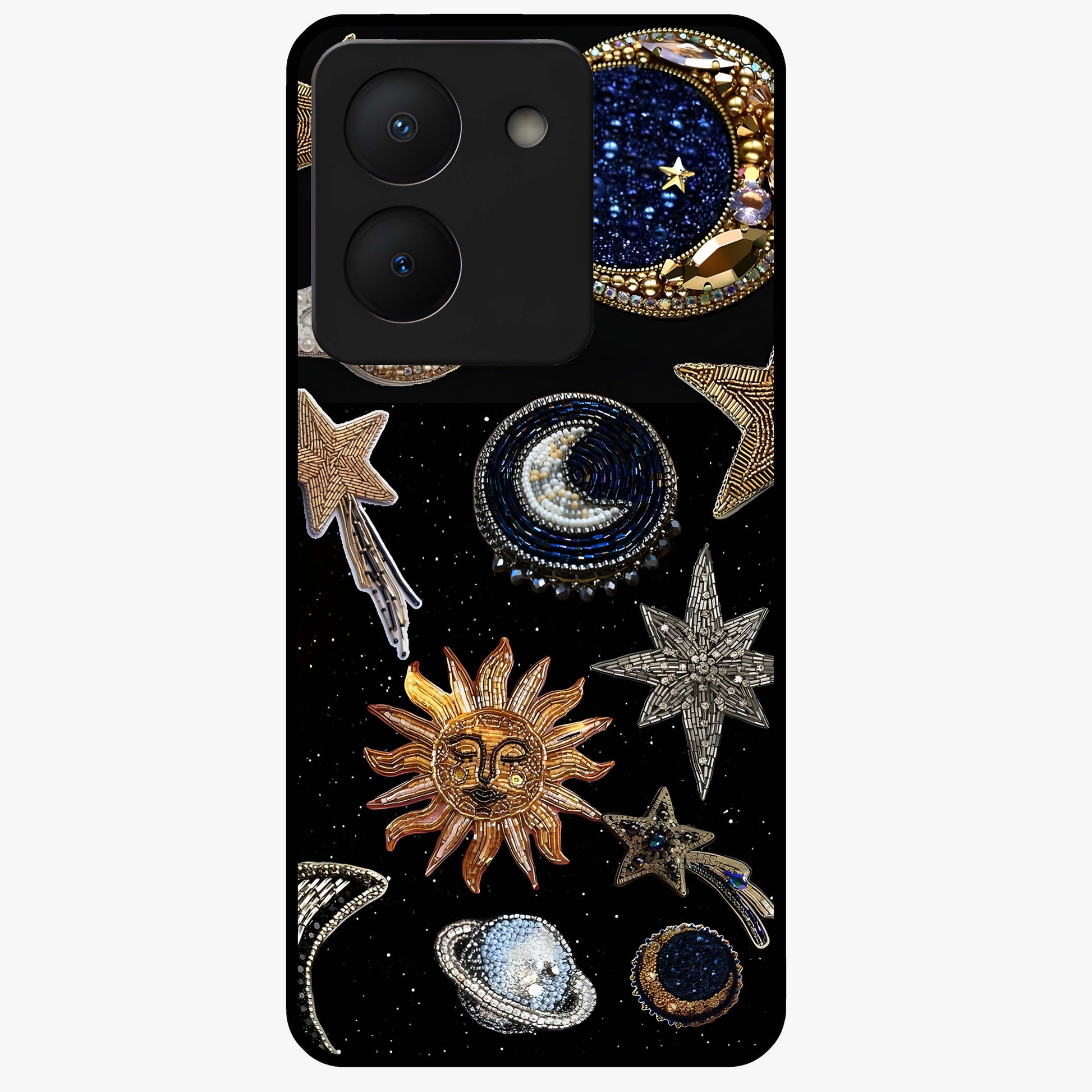 Celestial Gem Constellations Glass Case showing flat back view with sparkling constellation artwork and glossy glass finish.