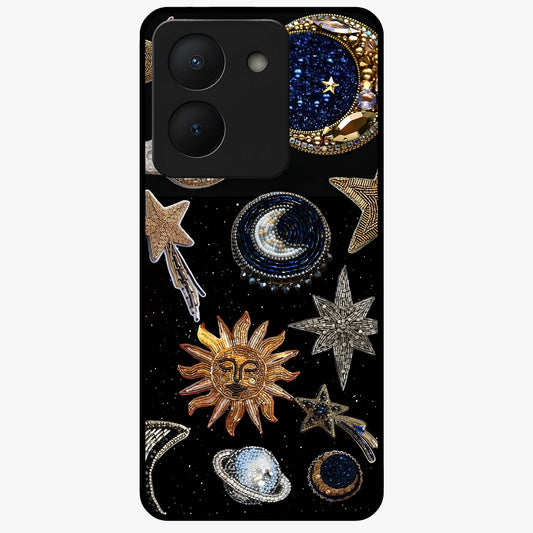 Celestial Gem Constellations Glass Case showing flat back view with sparkling constellation artwork and glossy glass finish.