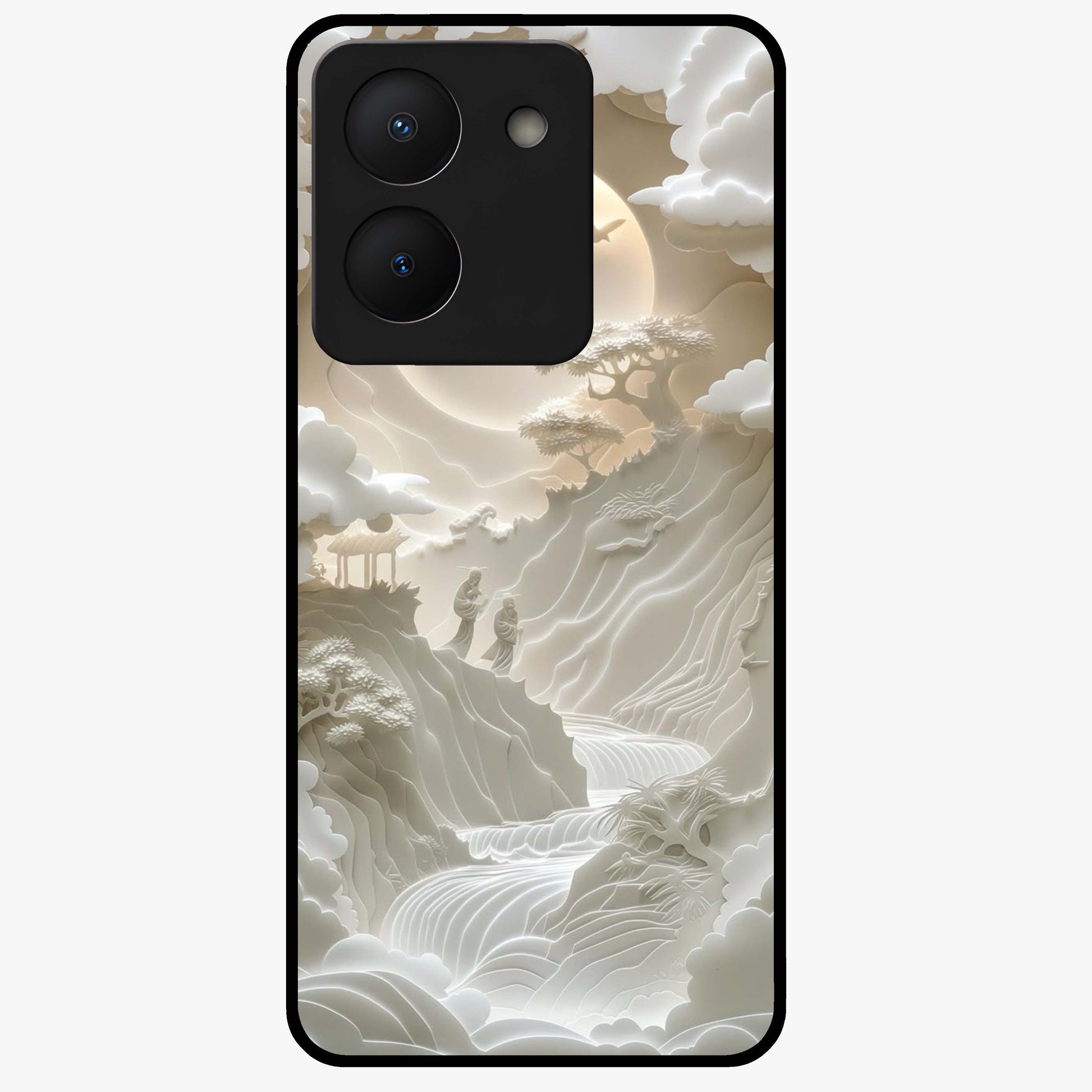 Celestial Origami Glass Case showing flat back view with artistic origami inspired celestial artwork and glossy glass finish.