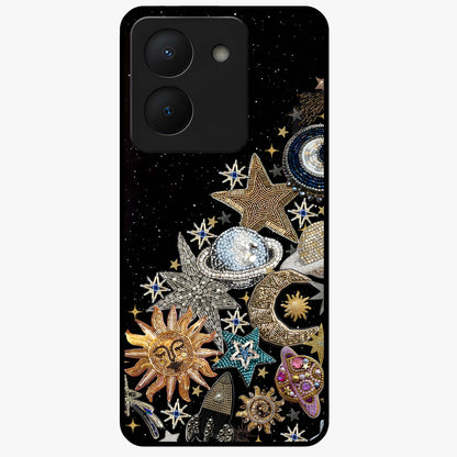 Cosmic Sparkle Dreams Glass Case showing flat back view with sparkling cosmic artwork and glossy glass finish.