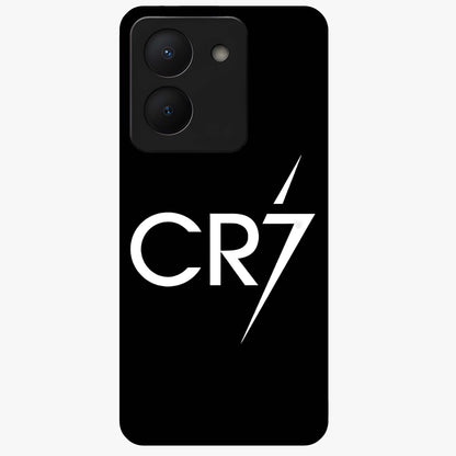 Cr7 Elite Strike Glass Case showing flat back view with dynamic football inspired artwork and glossy glass finish.