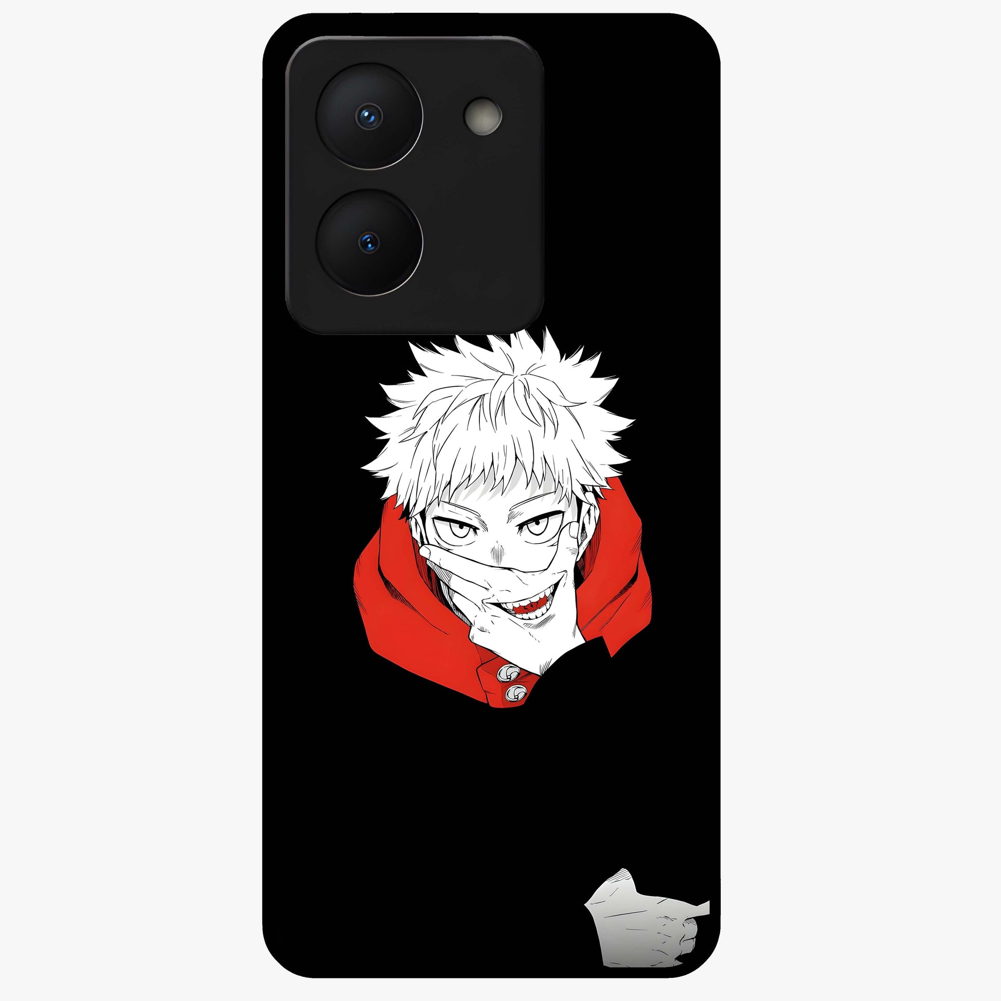 Crimson Chaos Smile Glass Case showing flat back view with bold chaotic smile artwork and glossy glass finish.