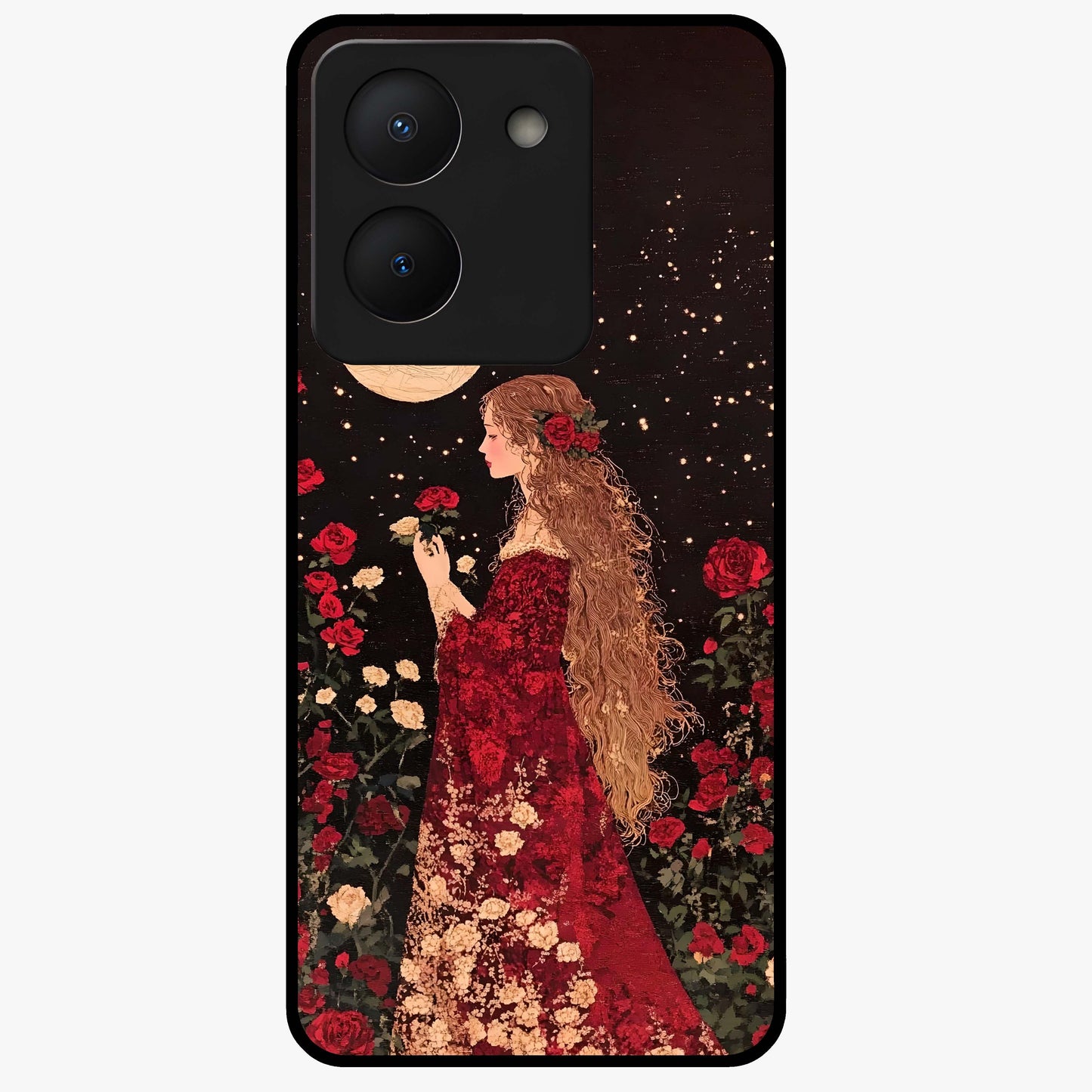 Crimson Dreams Glass Case showing flat back view with dreamy crimson artwork and glossy glass finish.
