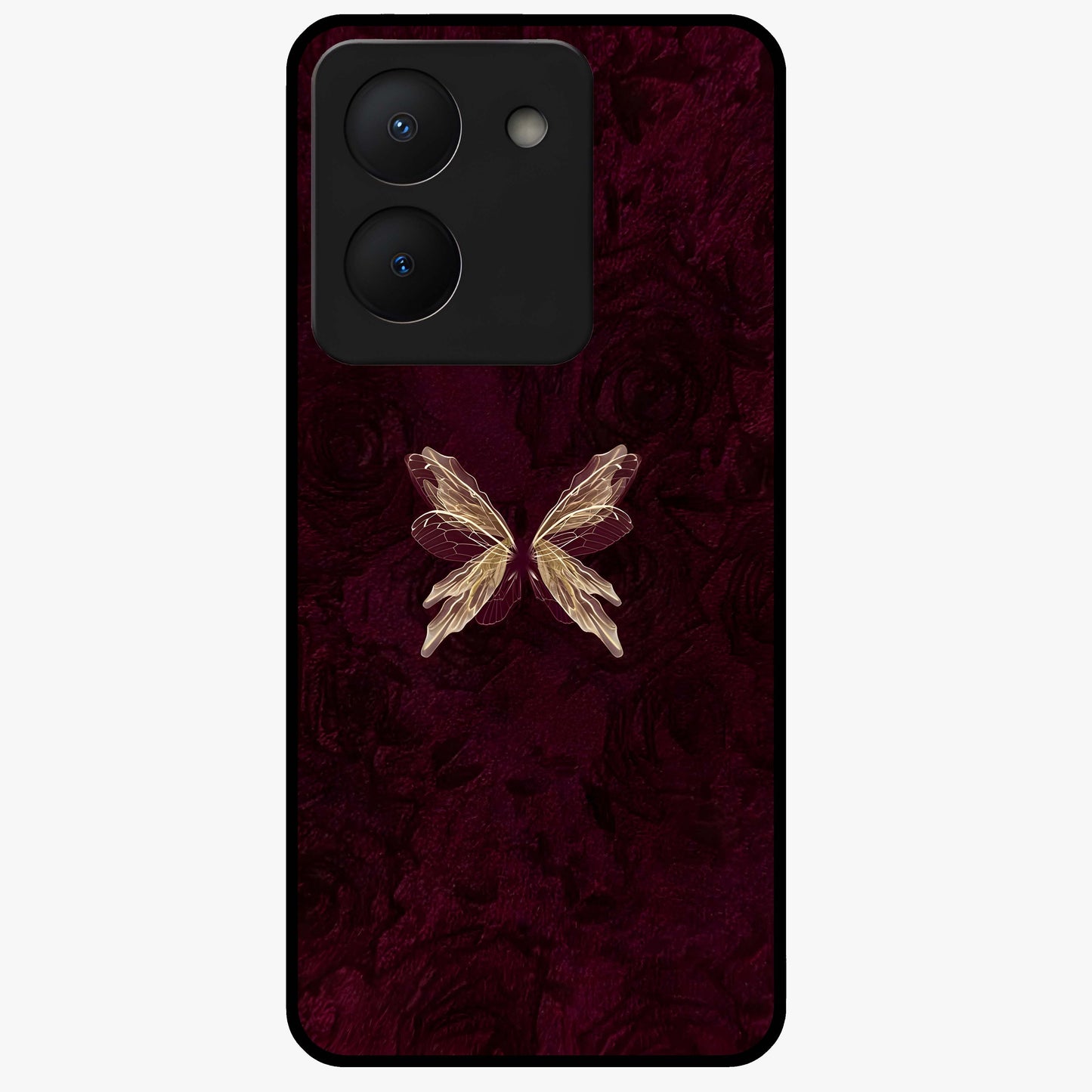 Crimson Fade Butterfly Glass Case showing flat back view with fading butterfly artwork and glossy glass finish.