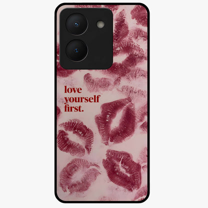 Crimson Kiss Love Glass Case showing flat back view with romantic crimson themed artwork and glossy glass finish.