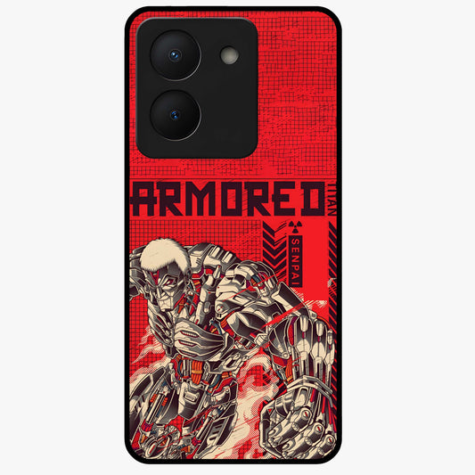 Crimson Mecha Titan Glass Case showing flat back view with powerful mech titan artwork and glossy glass finish.