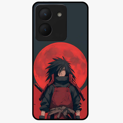 Crimson Moon Warlord Glass Case showing flat back view with mystical moon warrior artwork and glossy glass finish.