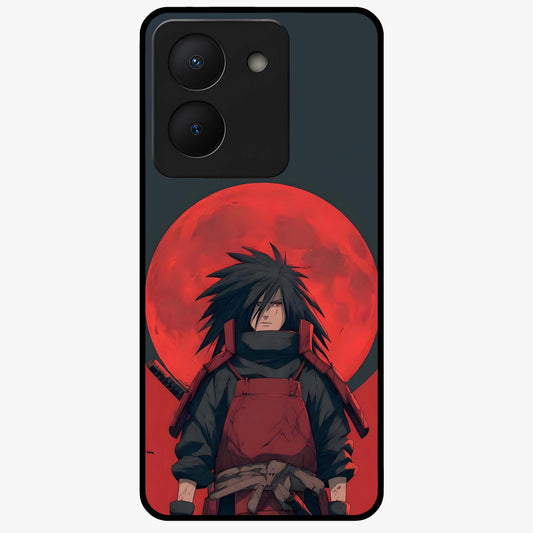 Crimson Moon Warlord Glass Case showing flat back view with mystical moon warrior artwork and glossy glass finish.