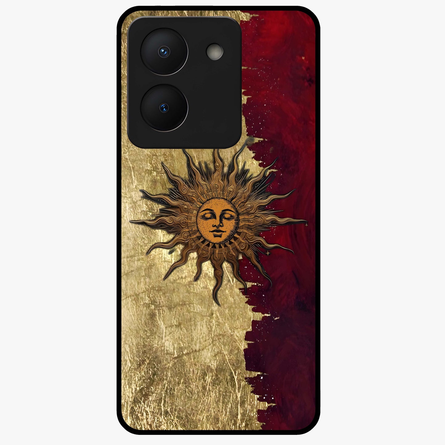 Crimson Sun Majesty Glass Case showing flat back view with radiant sun inspired artwork and glossy glass finish.