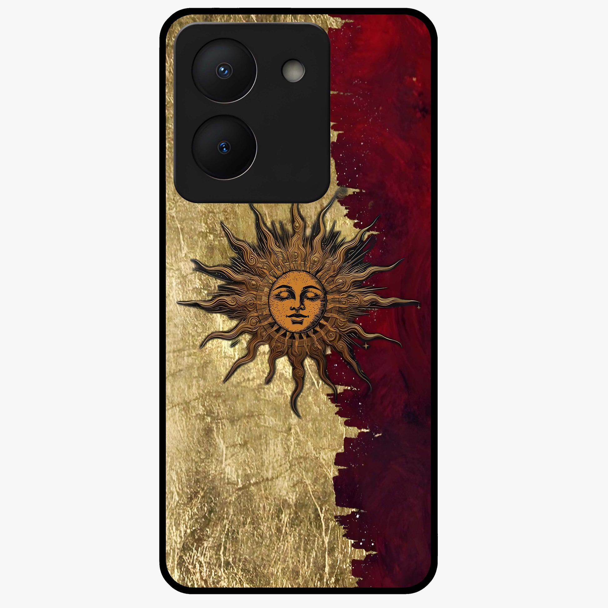 Crimson Sun Majesty Glass Case showing flat back view with radiant sun inspired artwork and glossy glass finish.
