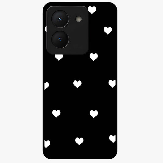 Cute And Simple White Hearts Glass Case showing flat back view with minimal white heart pattern and glossy glass finish.
