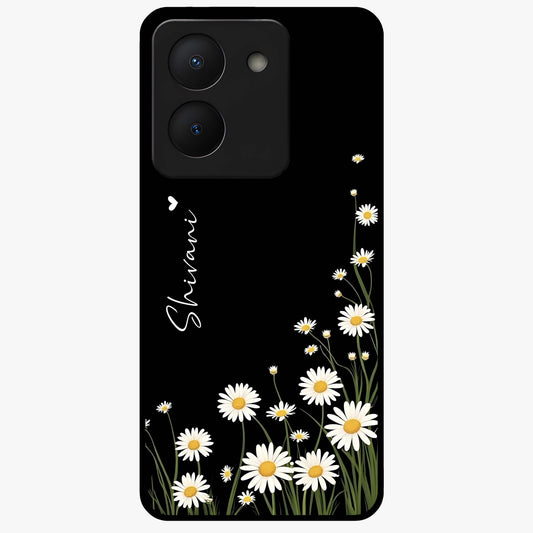 Daisy Cascade Custom Name Glass Case showing flat back view with cascading daisy flowers and personalized name design.