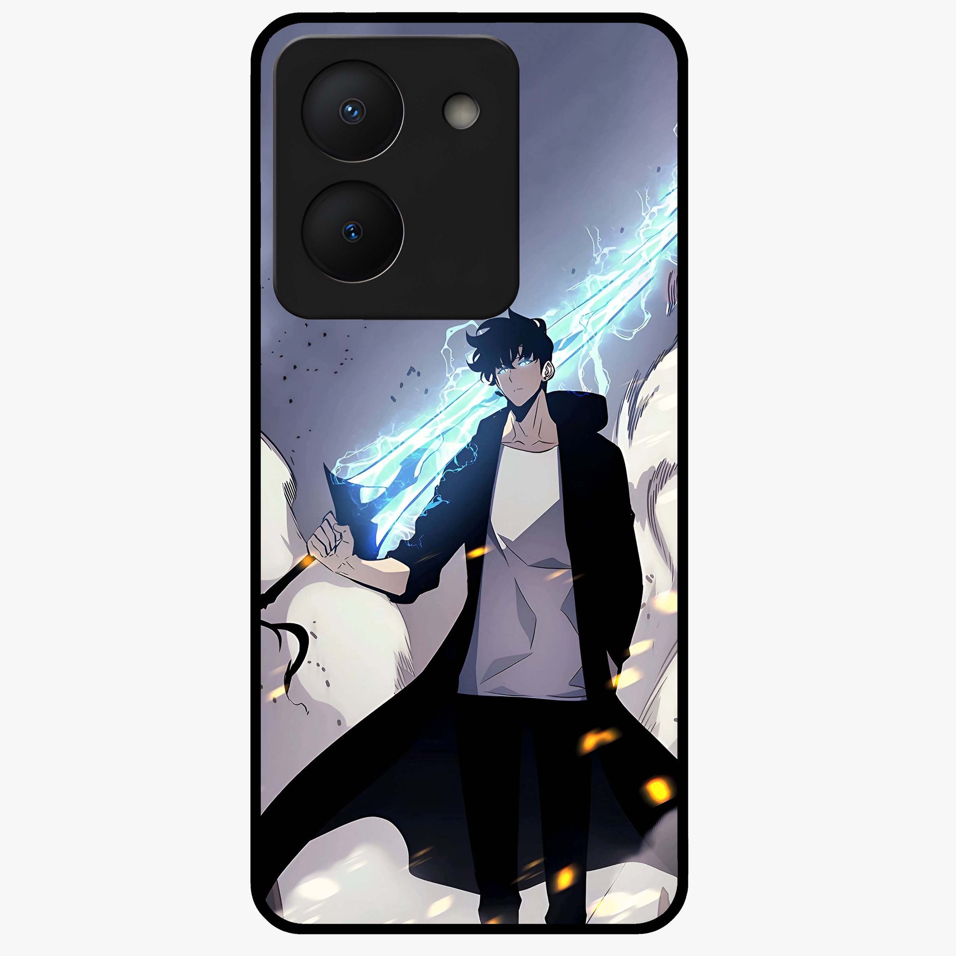Dark Lightning Anime Warrior Glass Case showing flat back view with intense anime warrior artwork and glossy glass finish.