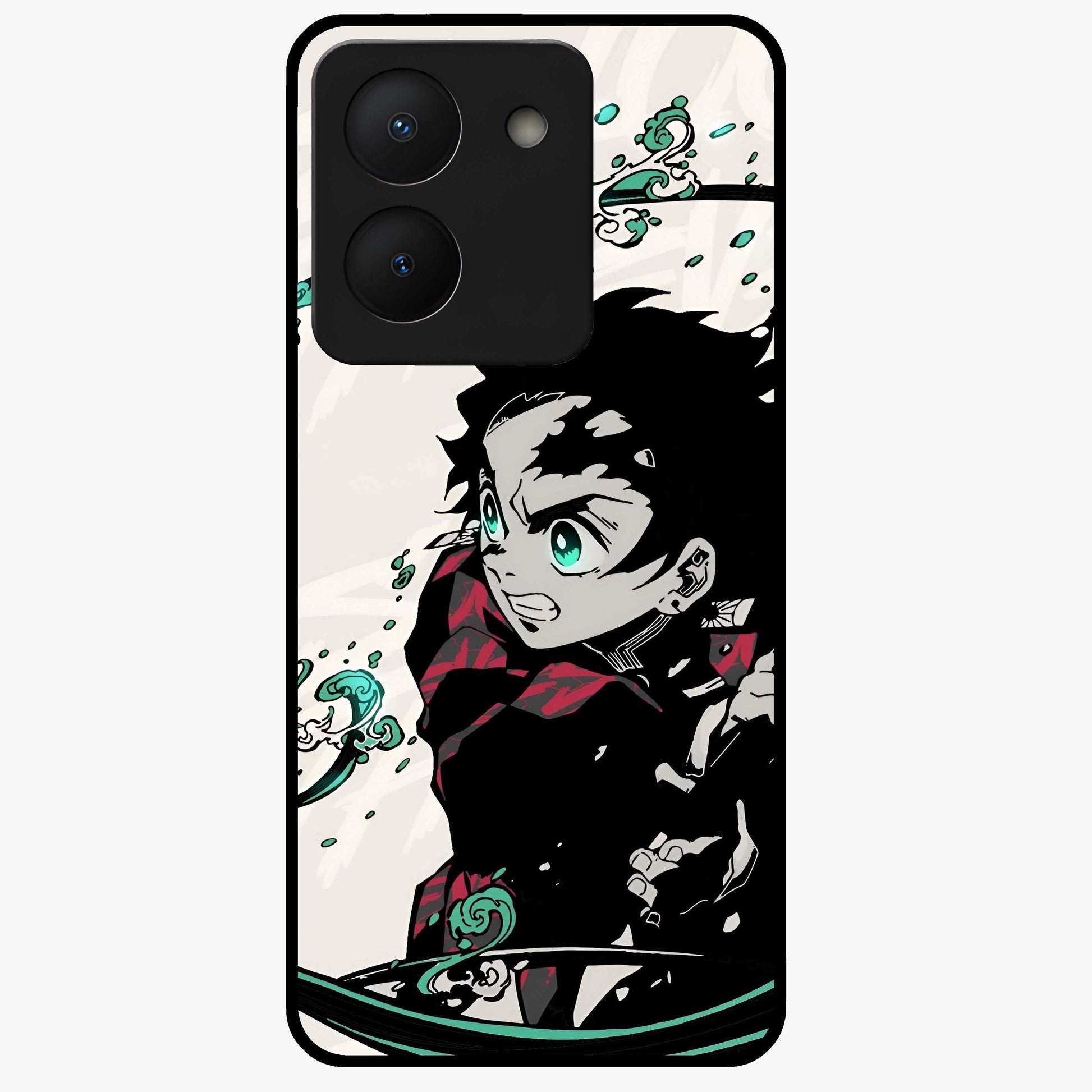 Demon Slayer Glass Case showing flat back view with bold anime inspired artwork and glossy glass finish.