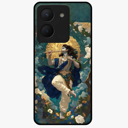 Divine Krishna Art Glass Case showing flat back view with Lord Krishna artwork and glossy glass finish.