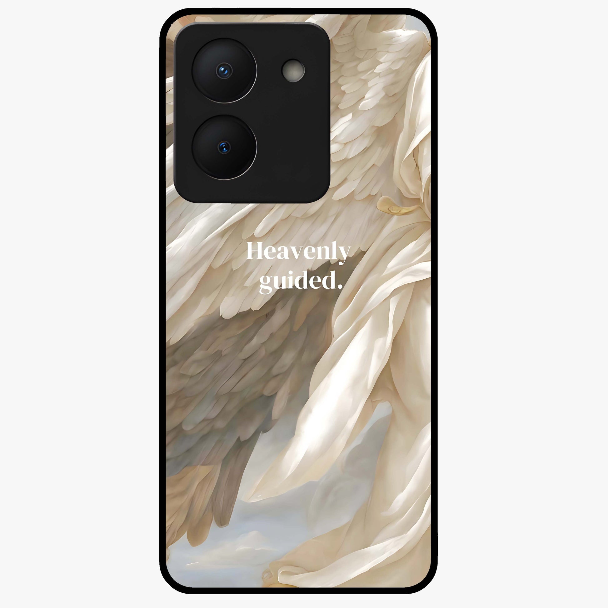 Divine Winged Grace Glass Case showing flat back view with elegant wing inspired artwork and glossy glass finish.