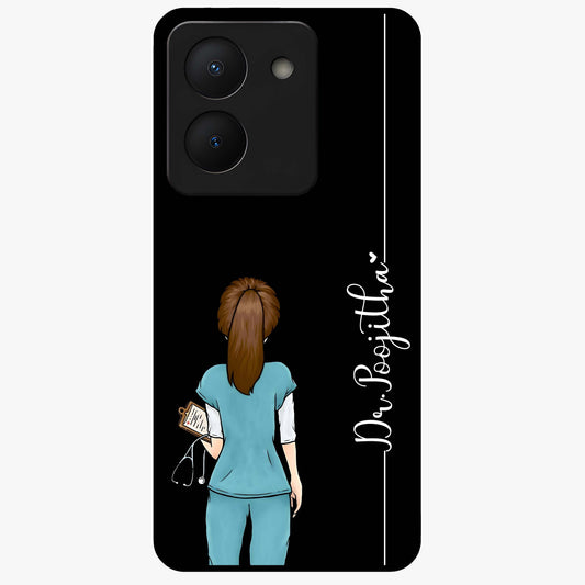 Doctor Pattern Custom Name Glass Case showing flat back view with medical themed pattern and personalized name design.