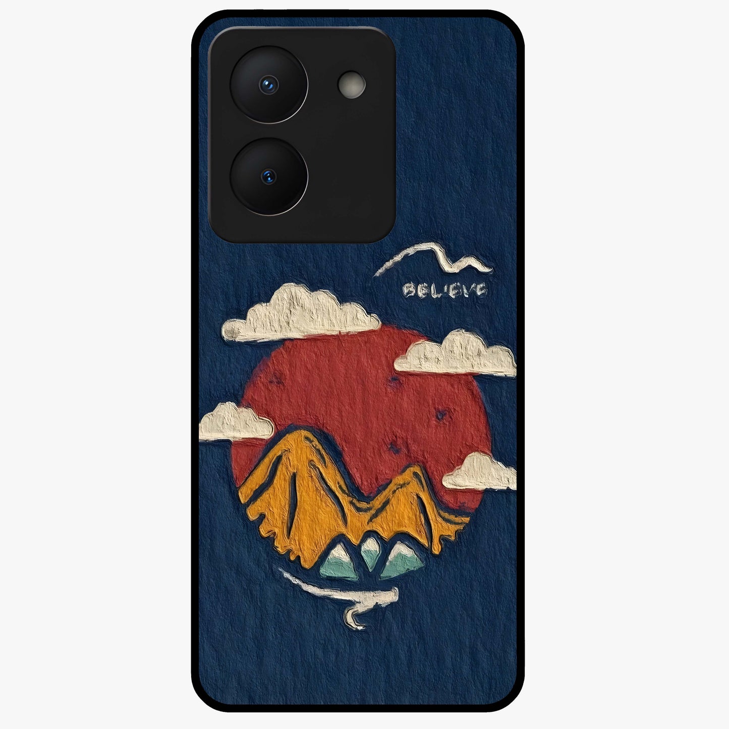 Dream Beyond Mountains Glass Case showing flat back view with scenic mountain landscape artwork and glossy glass finish.