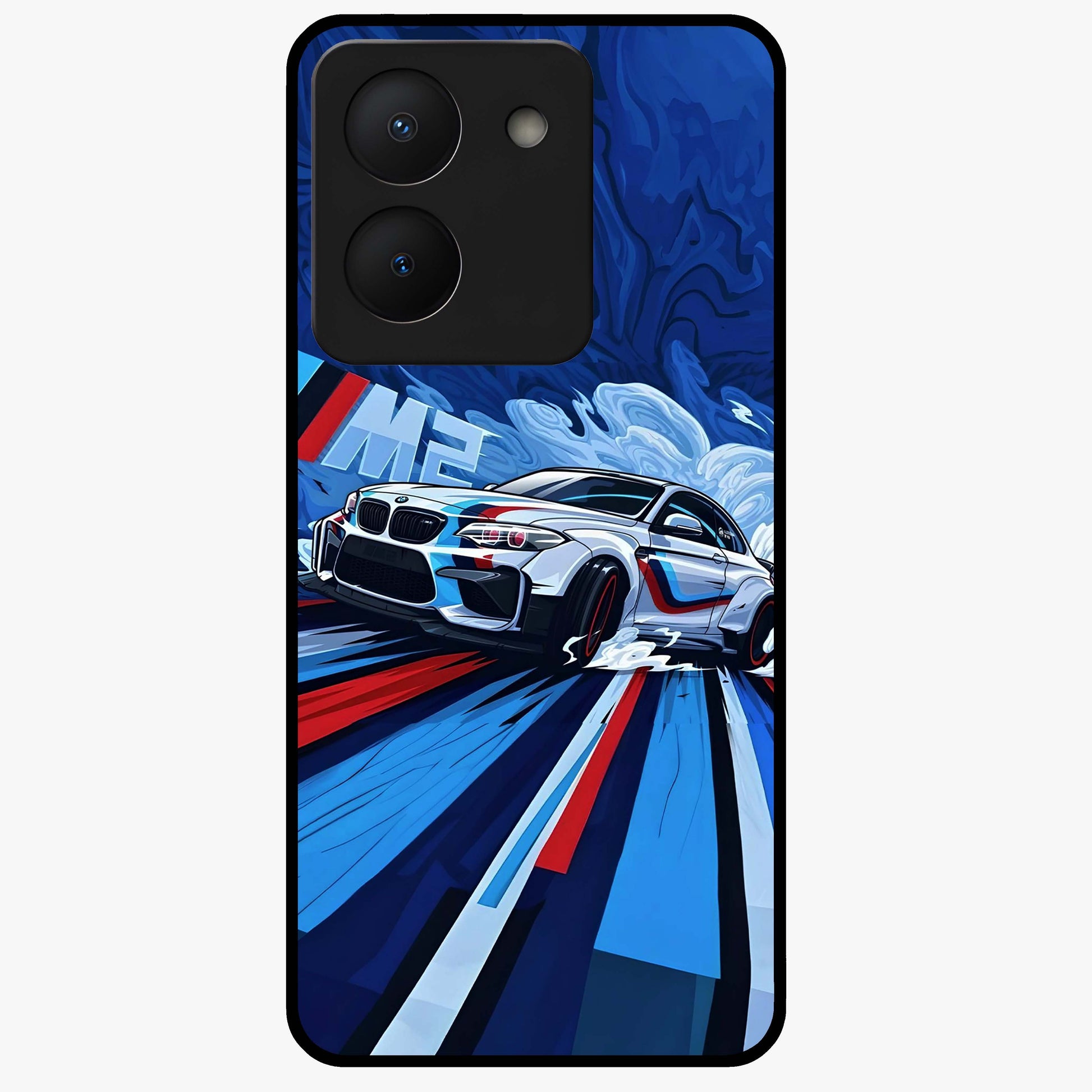Drift Power Rush Glass Case showing flat back view with dynamic racing inspired artwork and glossy glass finish.