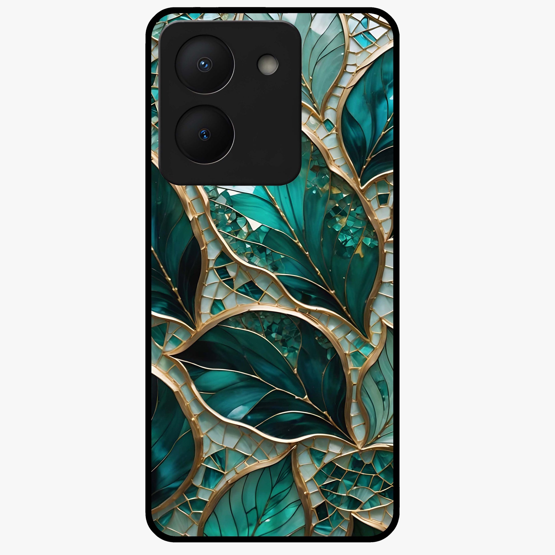 Emerald Leaf Glass Glass Case showing flat back view with emerald green leaf artwork and glossy glass finish.