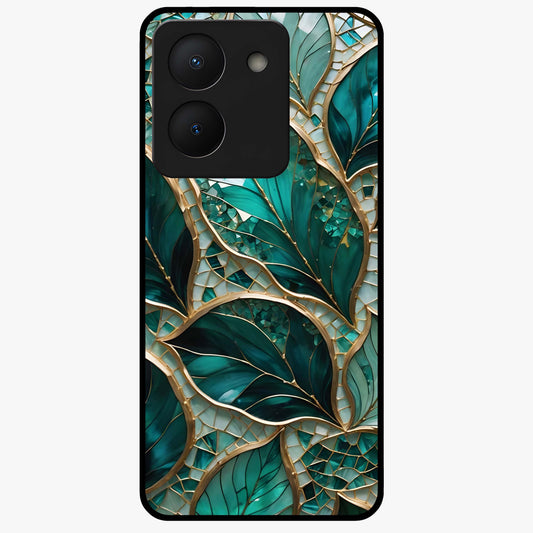 Emerald Leaf Glass Glass Case showing flat back view with emerald green leaf artwork and glossy glass finish.