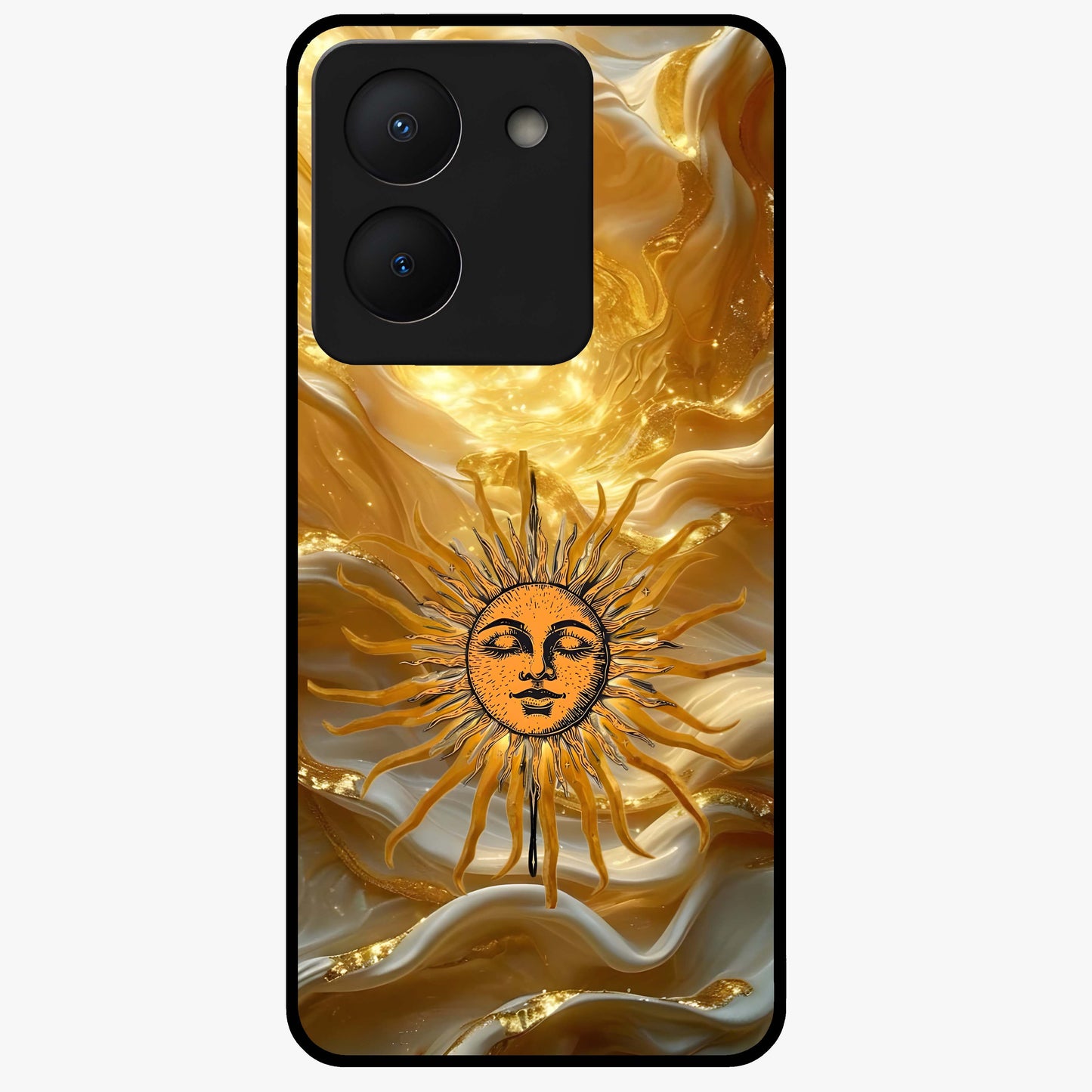 Eternal Golden Glow Glass Case showing flat back view with radiant golden themed artwork and glossy glass finish.