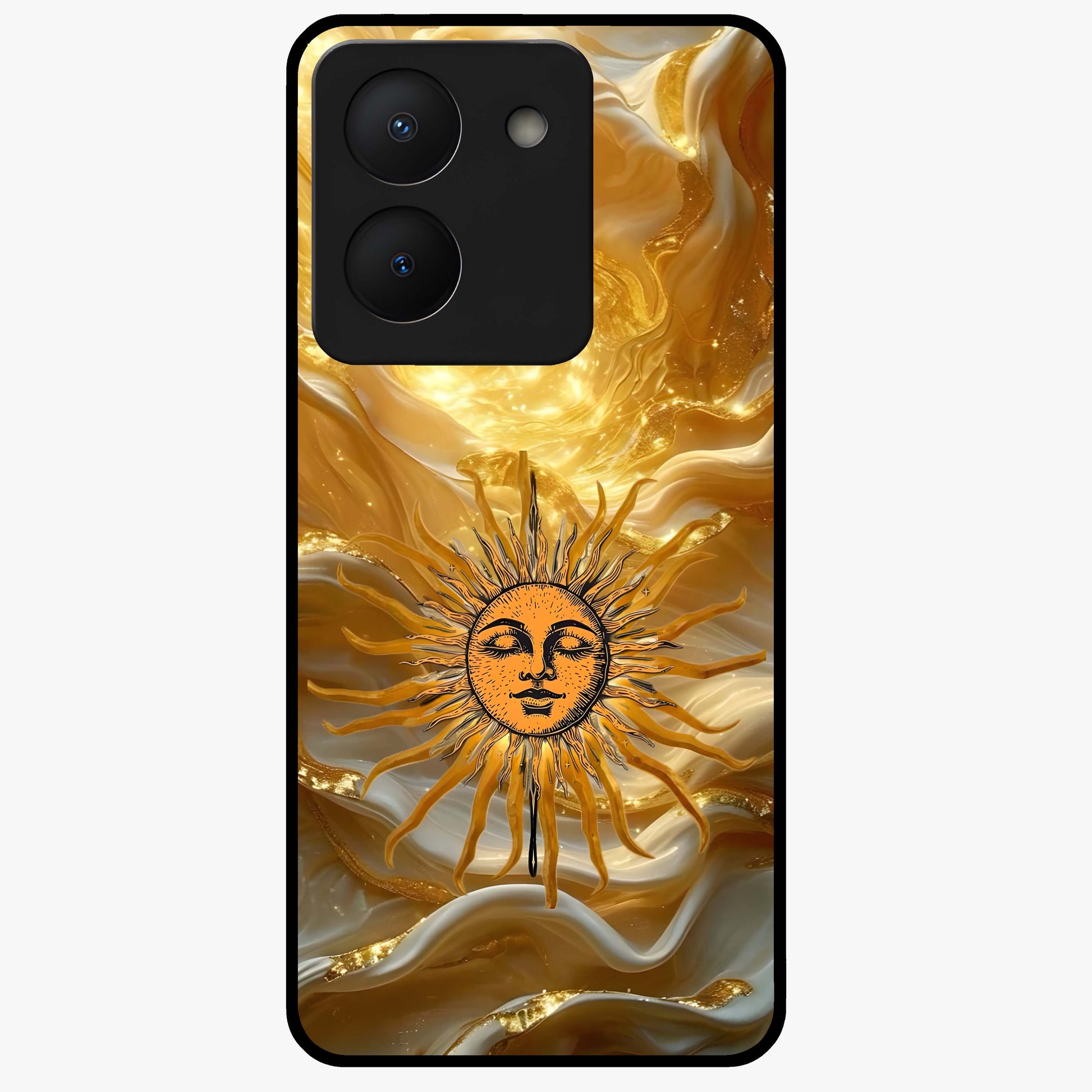 Eternal Golden Glow Glass Case showing flat back view with radiant golden themed artwork and glossy glass finish.