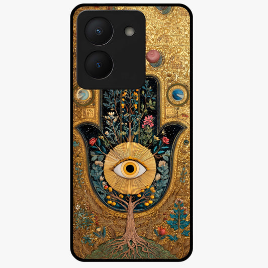 Ethereal Evil Eye Glass Case showing flat back view with mystical evil eye artwork and glossy glass finish.