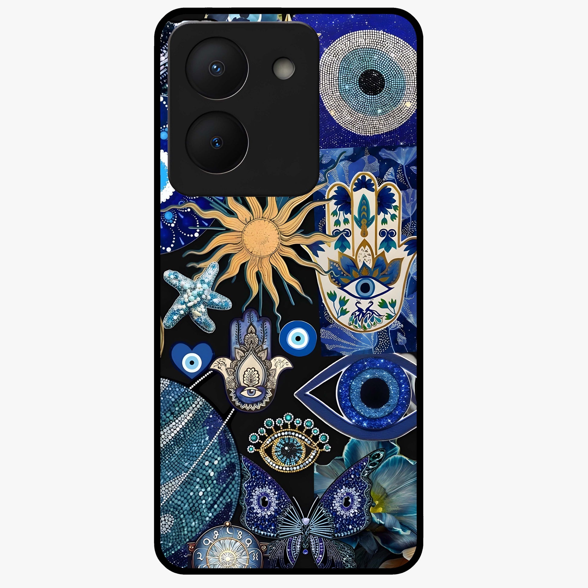 Evil Eye Charm Mix Glass Case showing flat back view with multiple evil eye charms artwork and glossy glass finish.