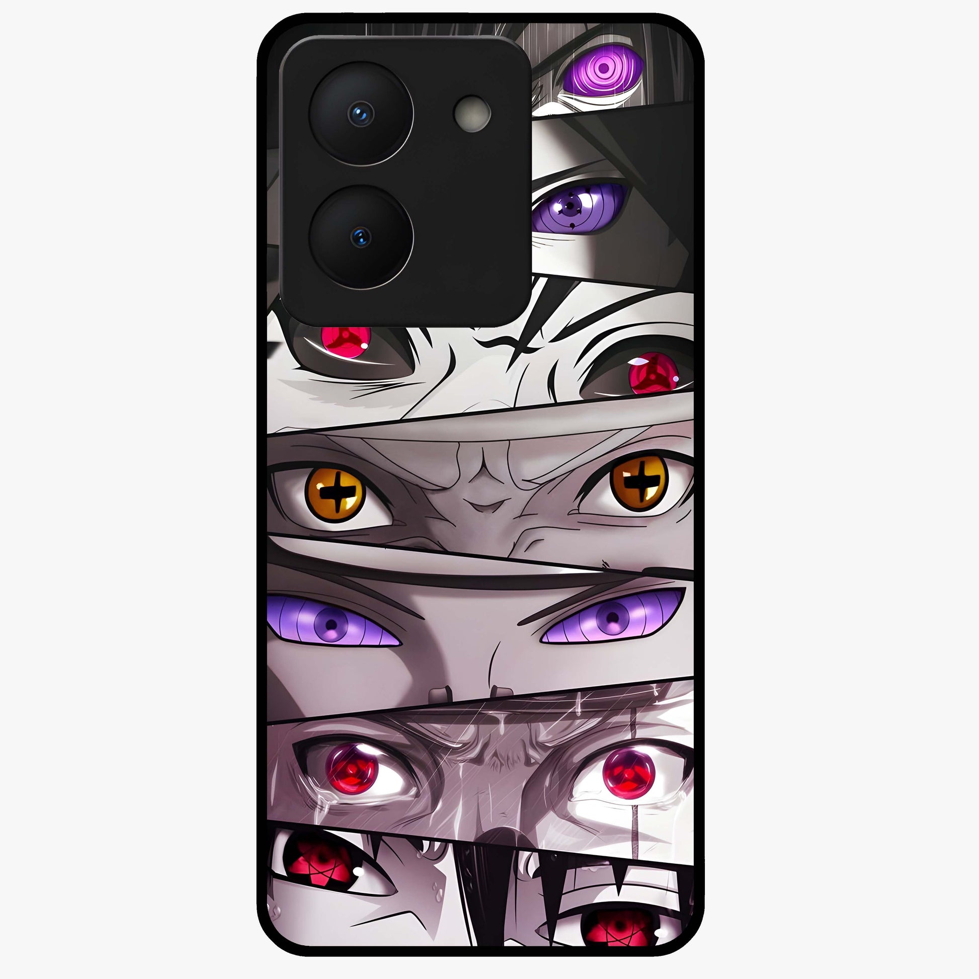 Eyes of Destiny Glass Case showing flat back view with striking eye themed artwork and glossy glass finish.