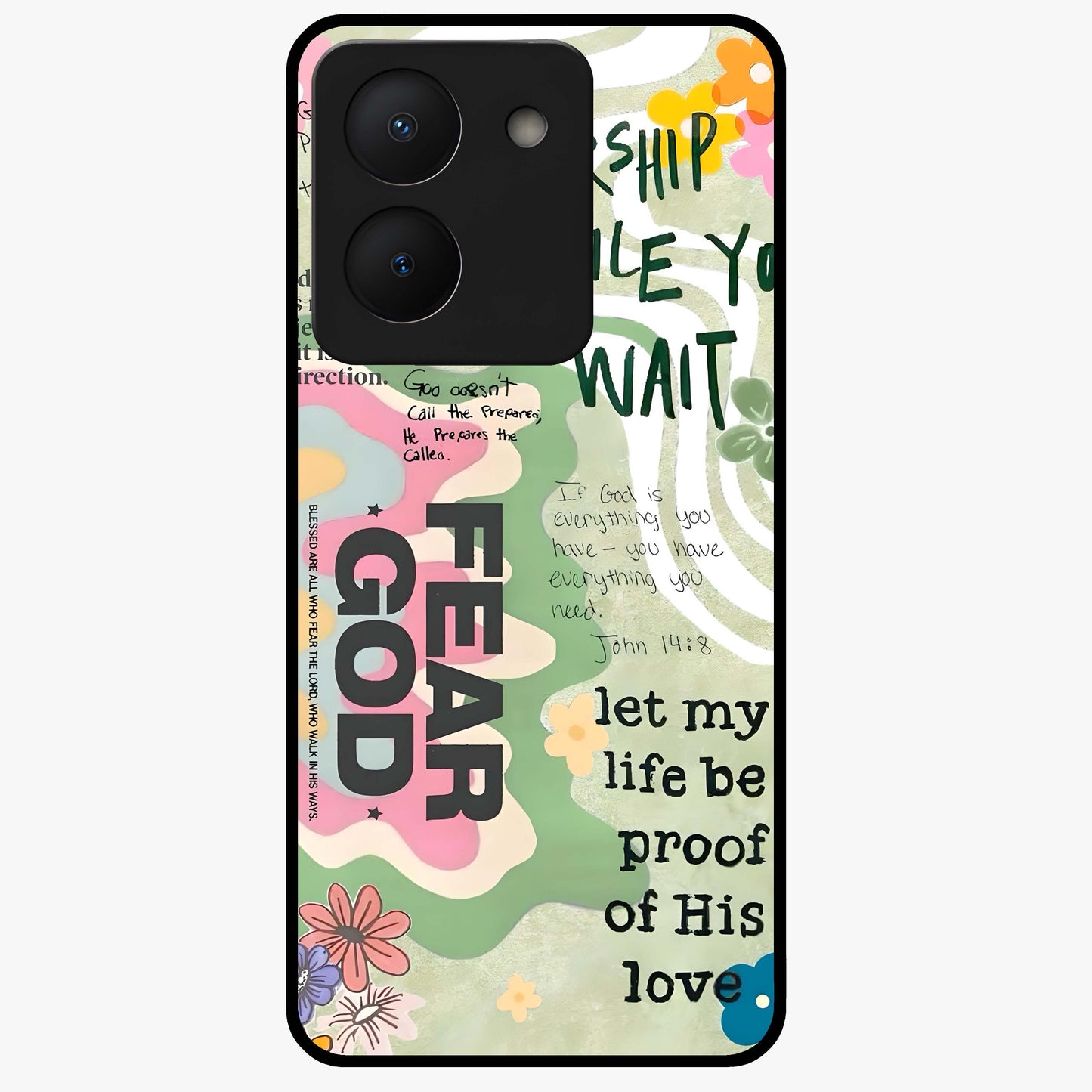 Faith Over Fear Glass Case showing flat back view with motivational typography artwork and glossy glass finish.