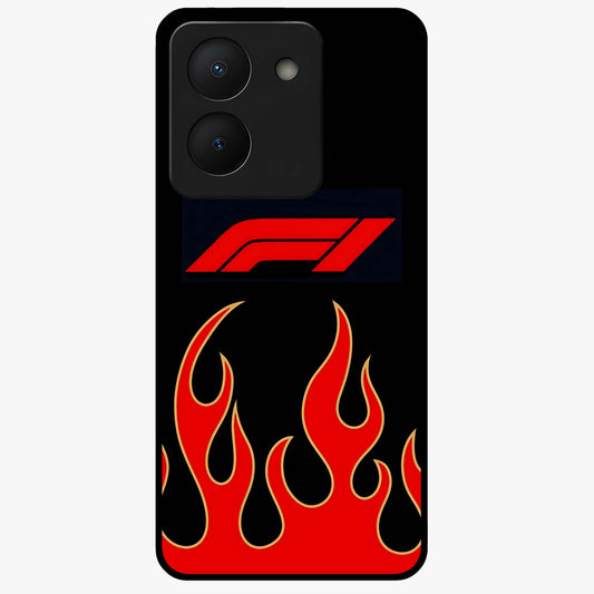 Fire F11 Glass Case showing flat back view with fiery themed artwork and glossy glass finish.