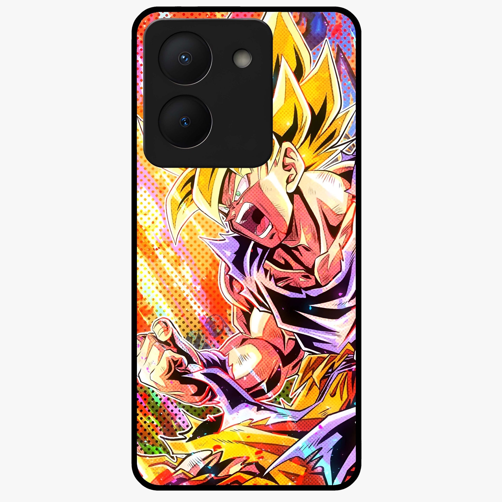 Firing Goku Glass Case showing flat back view with powerful anime inspired artwork and glossy glass finish.
