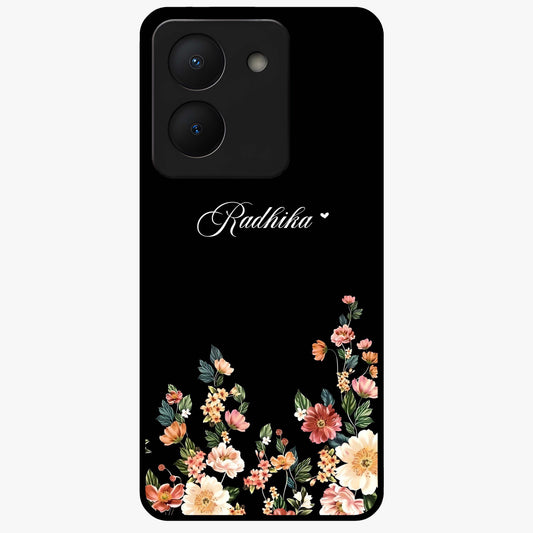 Floral Design With a Custom Personalized Name Glass Case showing flat back view with floral artwork and personalized name design.