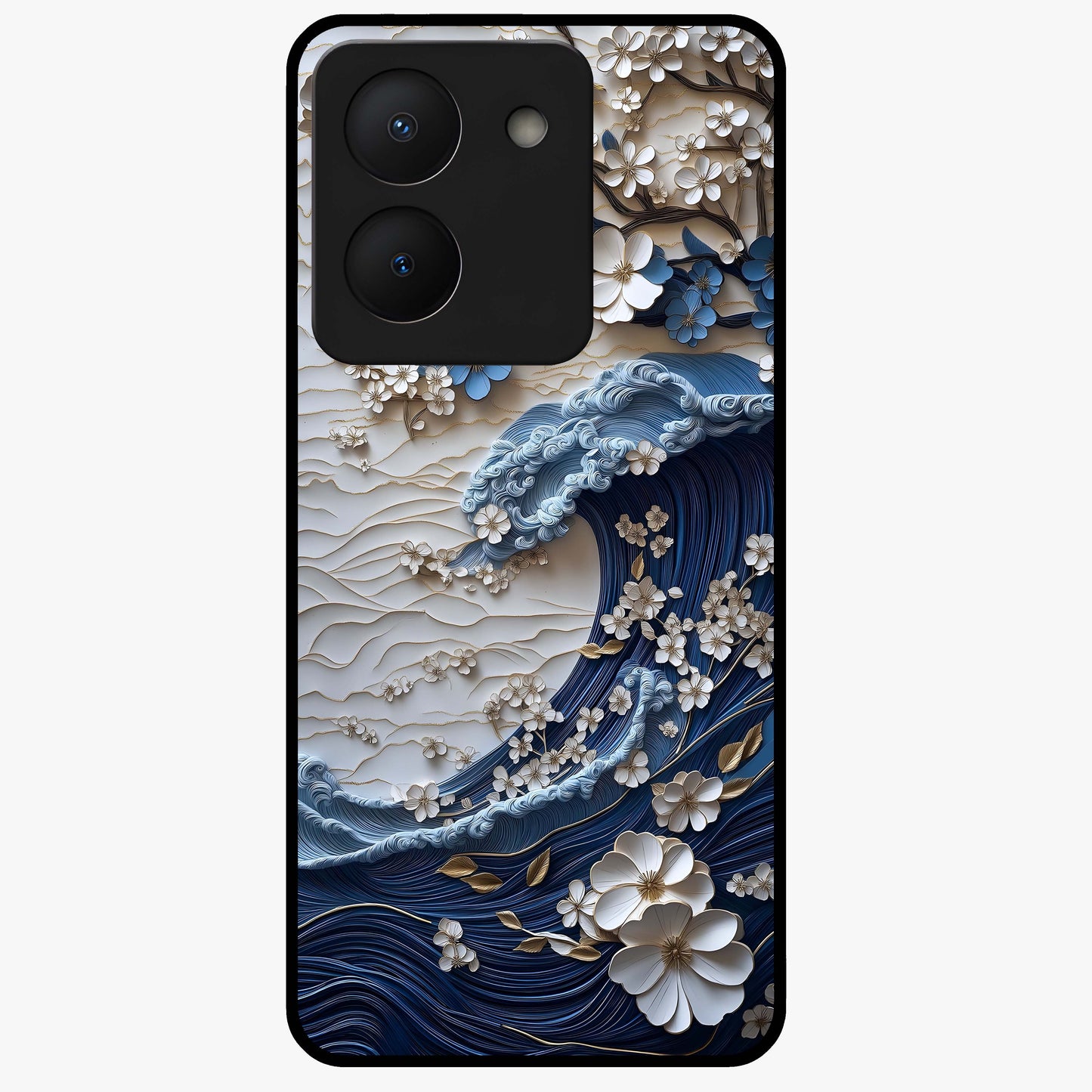 Floral Wave Origami Glass Case showing flat back view with origami inspired floral wave artwork and glossy glass finish.
