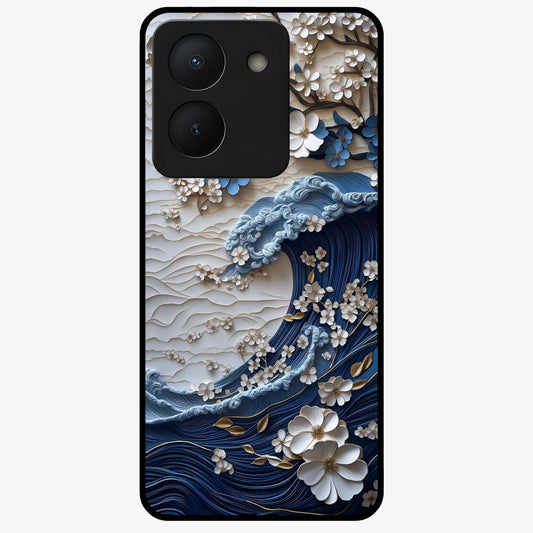 Floral Wave Origami Glass Case showing flat back view with origami inspired floral wave artwork and glossy glass finish.