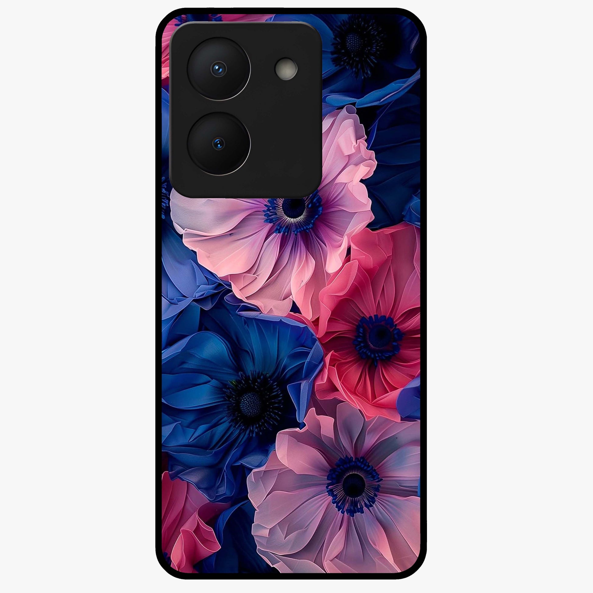 Flower Paper Art Pattern Glass Case showing flat back view with paper cut style floral artwork and glossy glass finish.