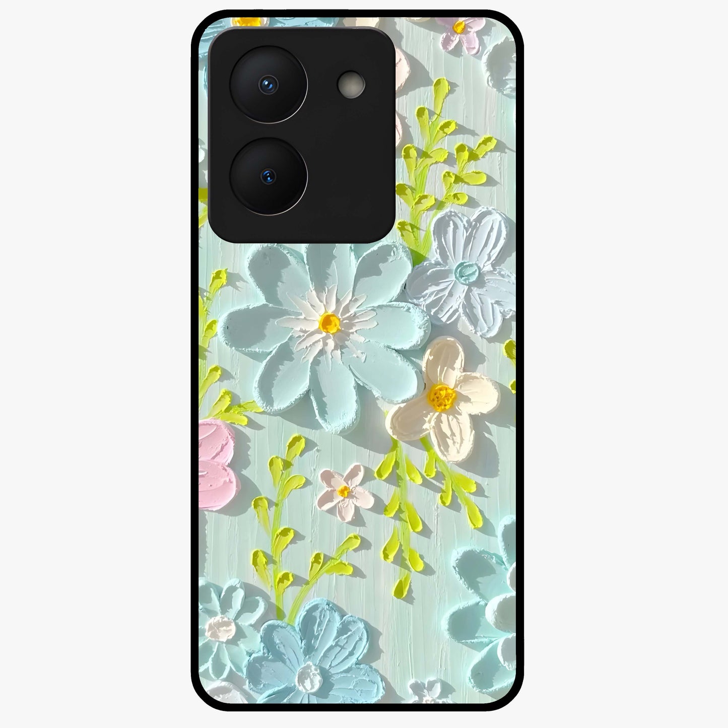 Frosted Petal Garden Glass Case showing flat back view with soft frosted floral artwork and glossy glass finish.