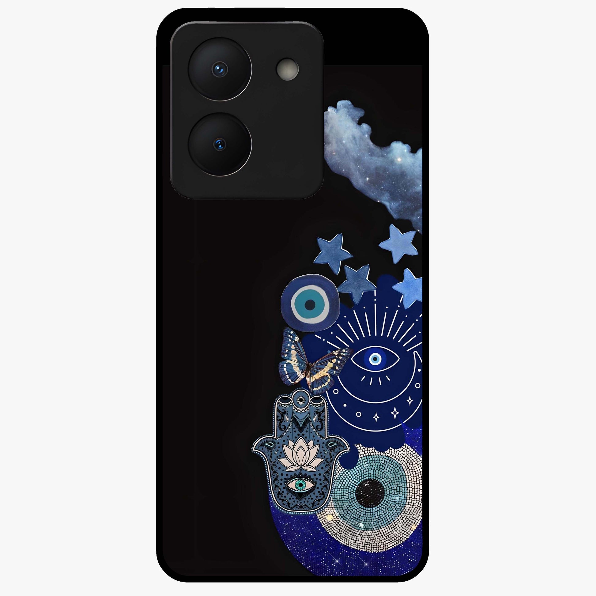 Galactic Charm Cluster Glass Case showing flat back view with glowing celestial charm artwork and glossy glass finish.