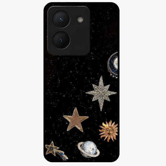 Galactic Charm Glow Glass Case showing flat back view with glowing celestial charm artwork and glossy glass finish.