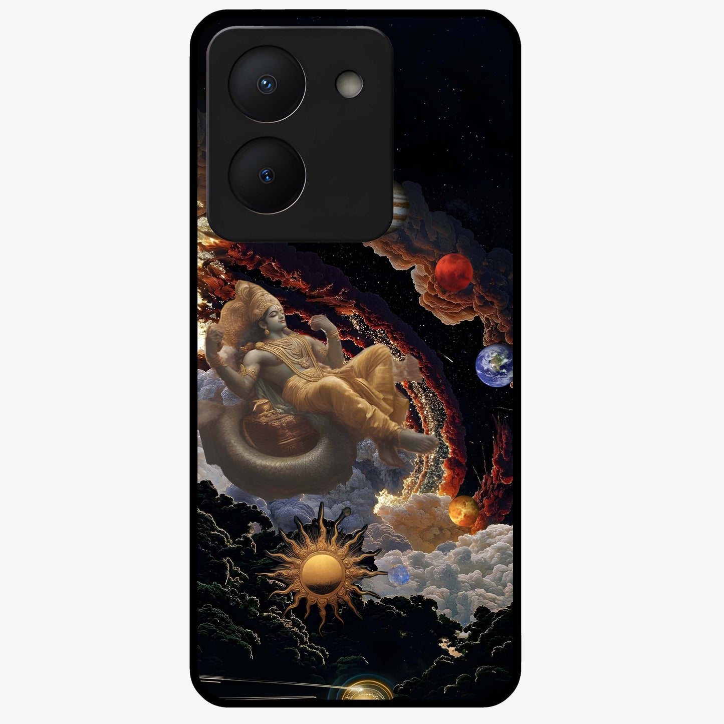 Galactic Divine God Glass Case showing flat back view with divine cosmic themed artwork and glossy glass finish.