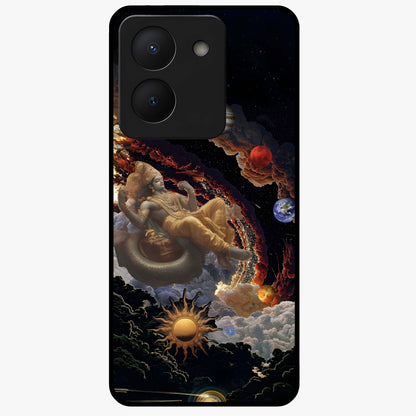Galactic Divine God Glass Case showing flat back view with divine cosmic themed artwork and glossy glass finish.