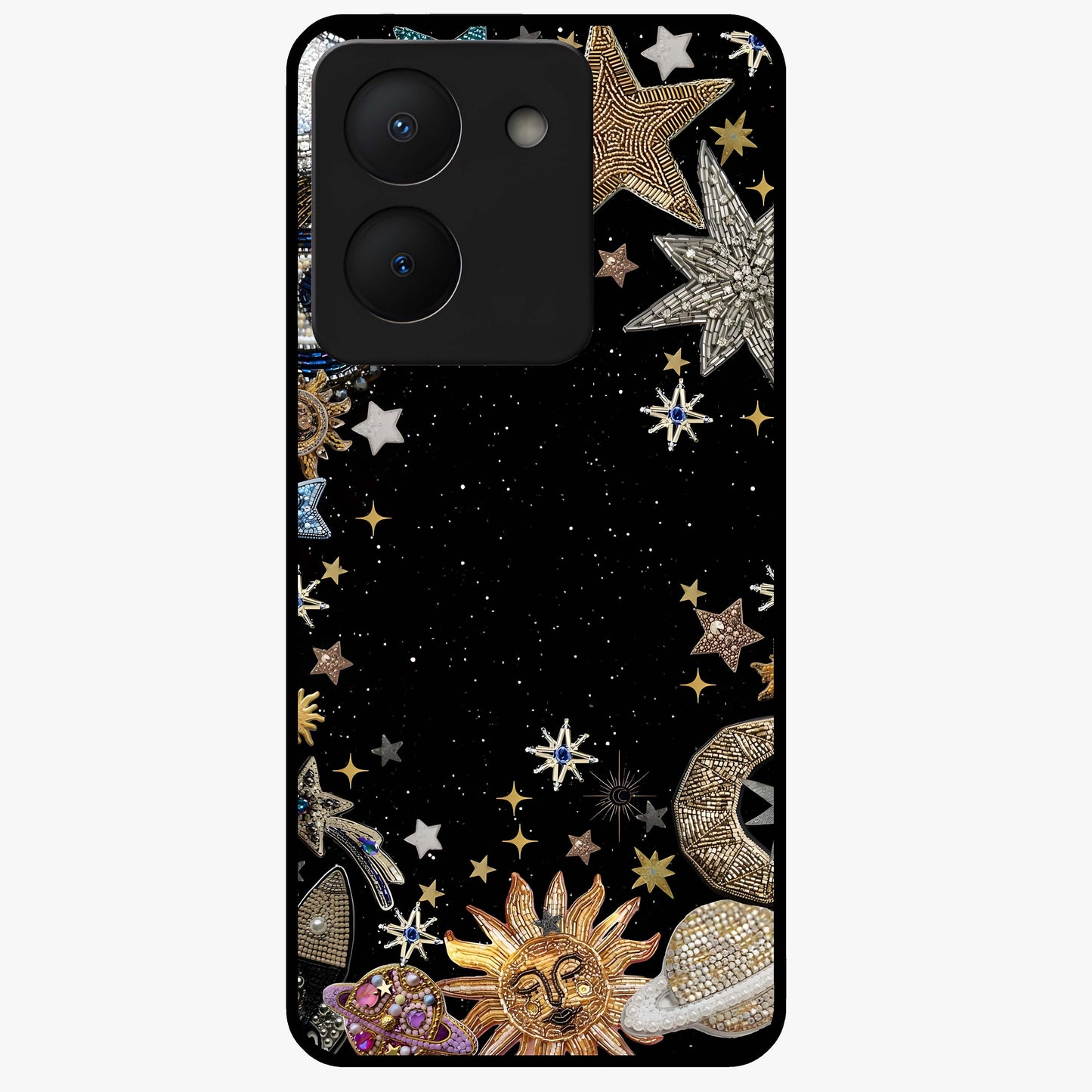 Galactic Jewel Stars Glass Case showing flat back view with sparkling star jewel artwork and glossy glass finish.