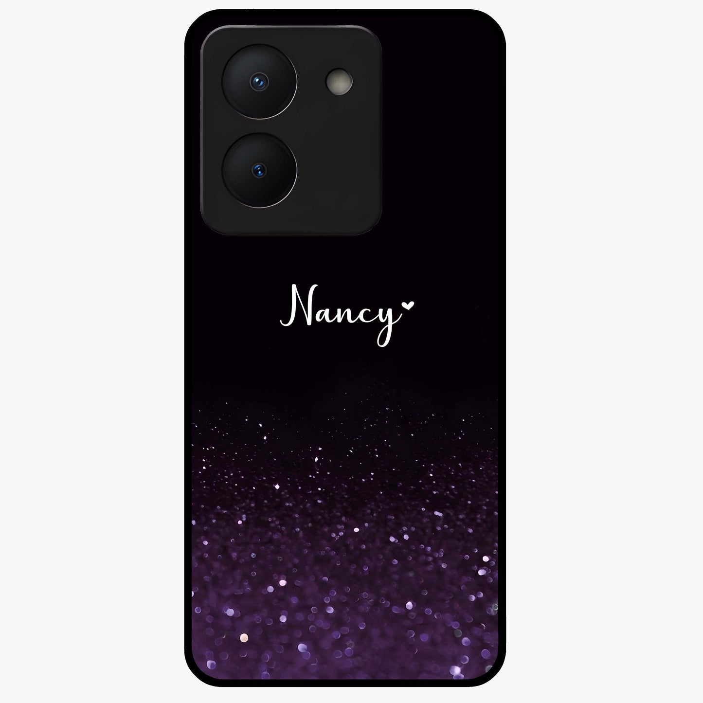 Glittery Purple Bokeh Custom Name Glass Case showing flat back view with purple bokeh sparkle artwork and personalized name design.
