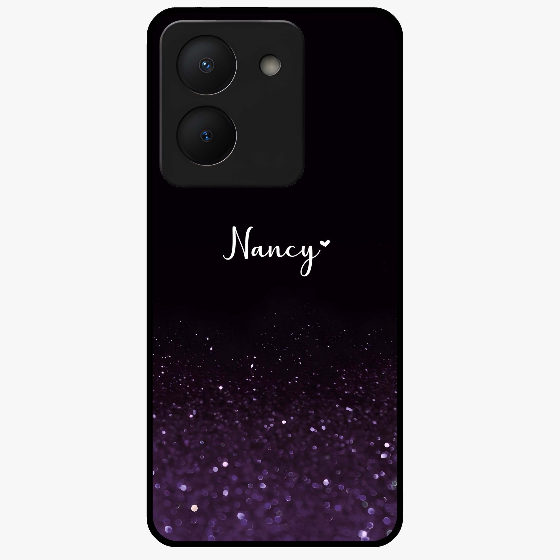 Glittery Purple Bokeh Custom Name Glass Case showing flat back view with purple bokeh sparkle artwork and personalized name design.