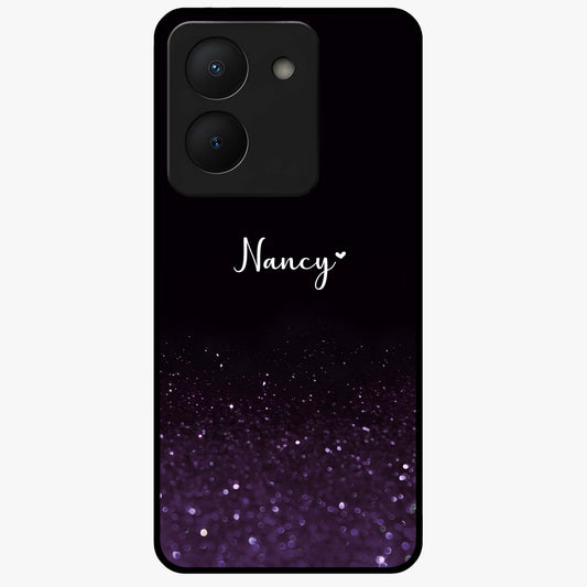 Glittery Purple Bokeh Custom Name Glass Case showing flat back view with purple bokeh sparkle artwork and personalized name design.