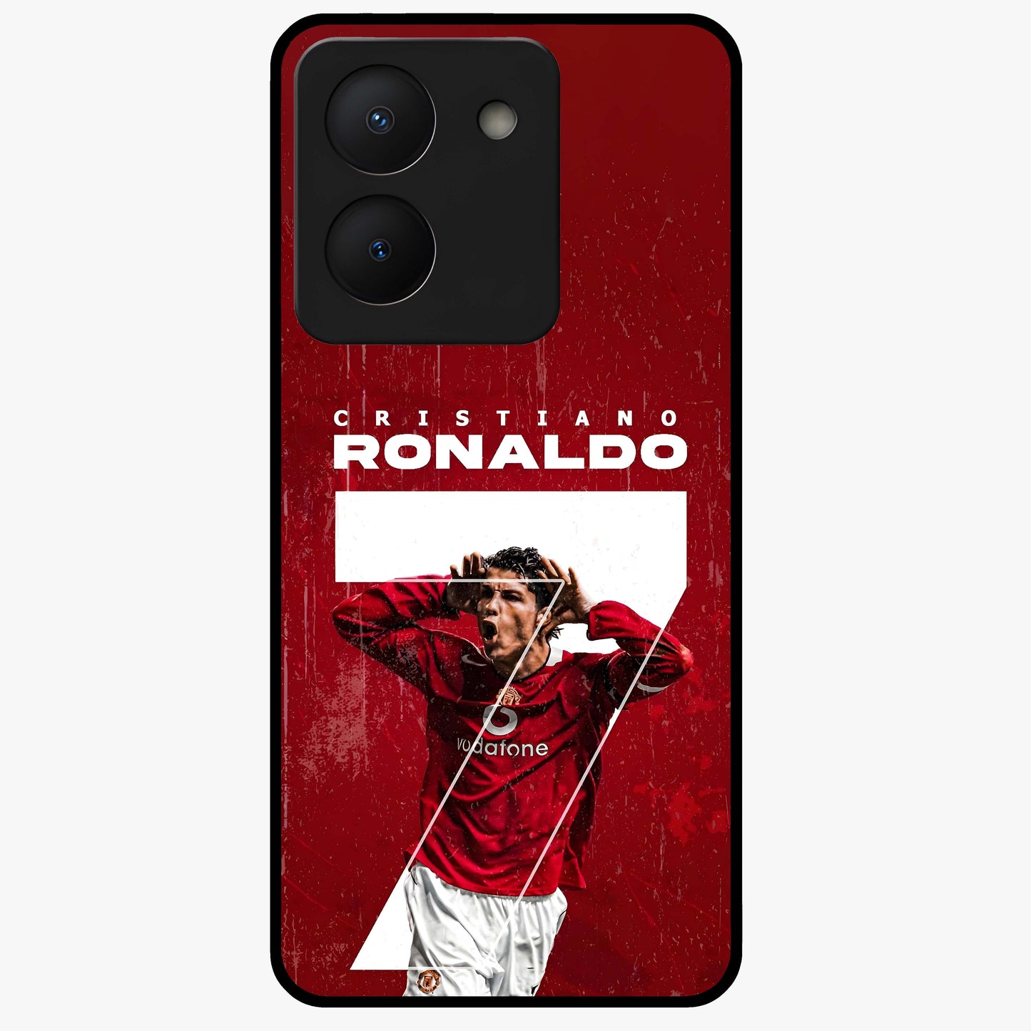Goal Celebration Legacy Glass Case showing flat back view with football celebration inspired artwork and glossy glass finish.
