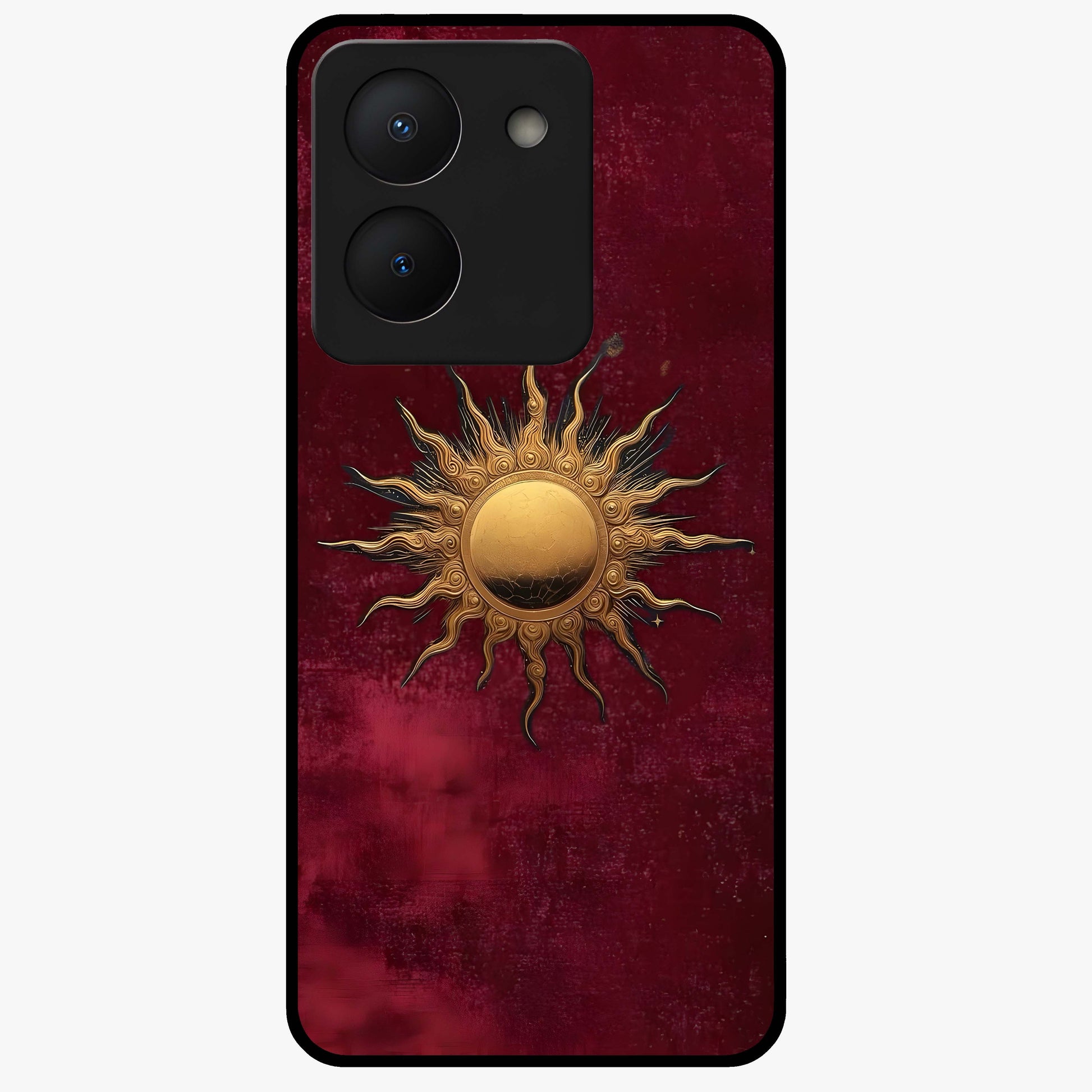 Gold Sun Blush Glass Case showing flat back view with golden sun inspired artwork and glossy glass finish.