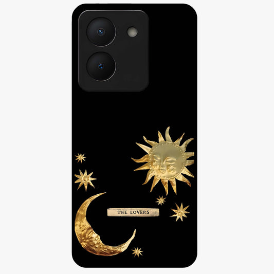 Golden Celestial Charm Glass Case showing flat back view with golden celestial charm artwork and glossy glass finish.